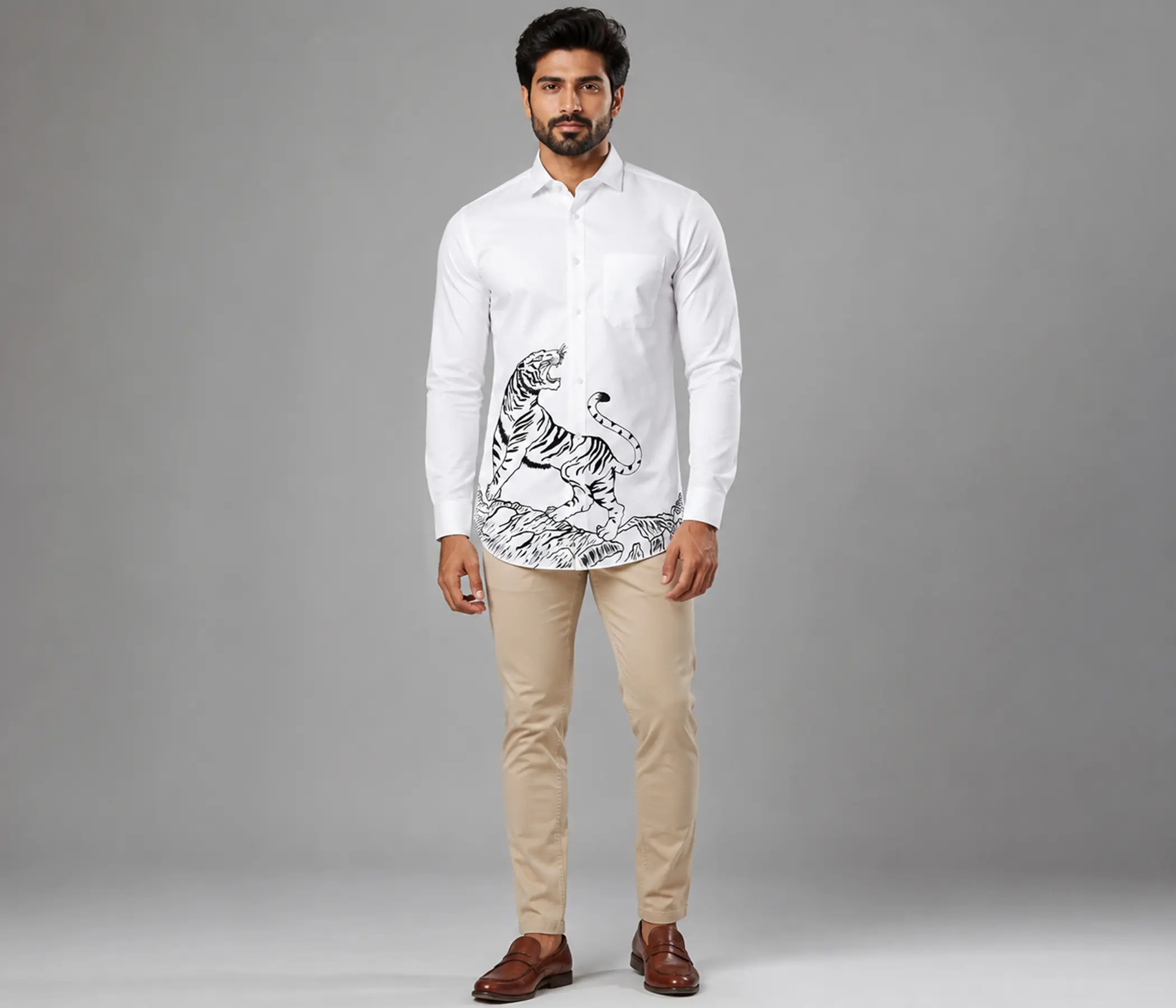 Royal Tiger Illustrated White Cotton Shirt - Premium Long Sleeve Mens Business Casual Button Shirt